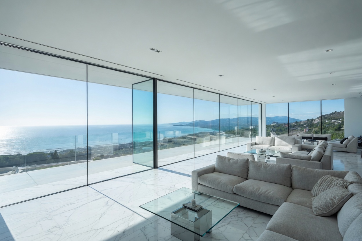 Panoramic fixed glass window in a luxury home